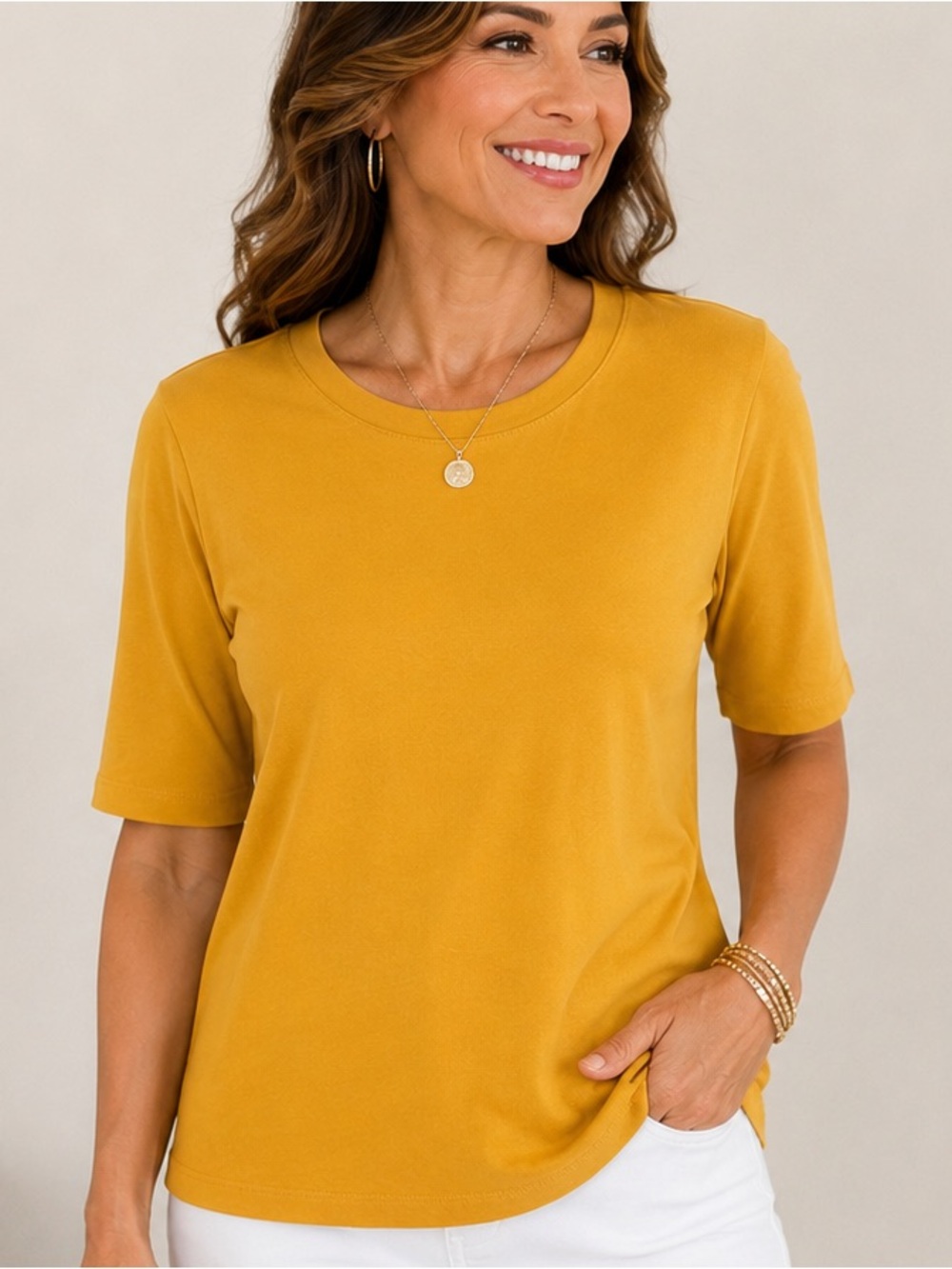 Chico’s Size 1 Medium Mustard Yellow Pima Cotton Modal Elbow Sleeve Tee Top